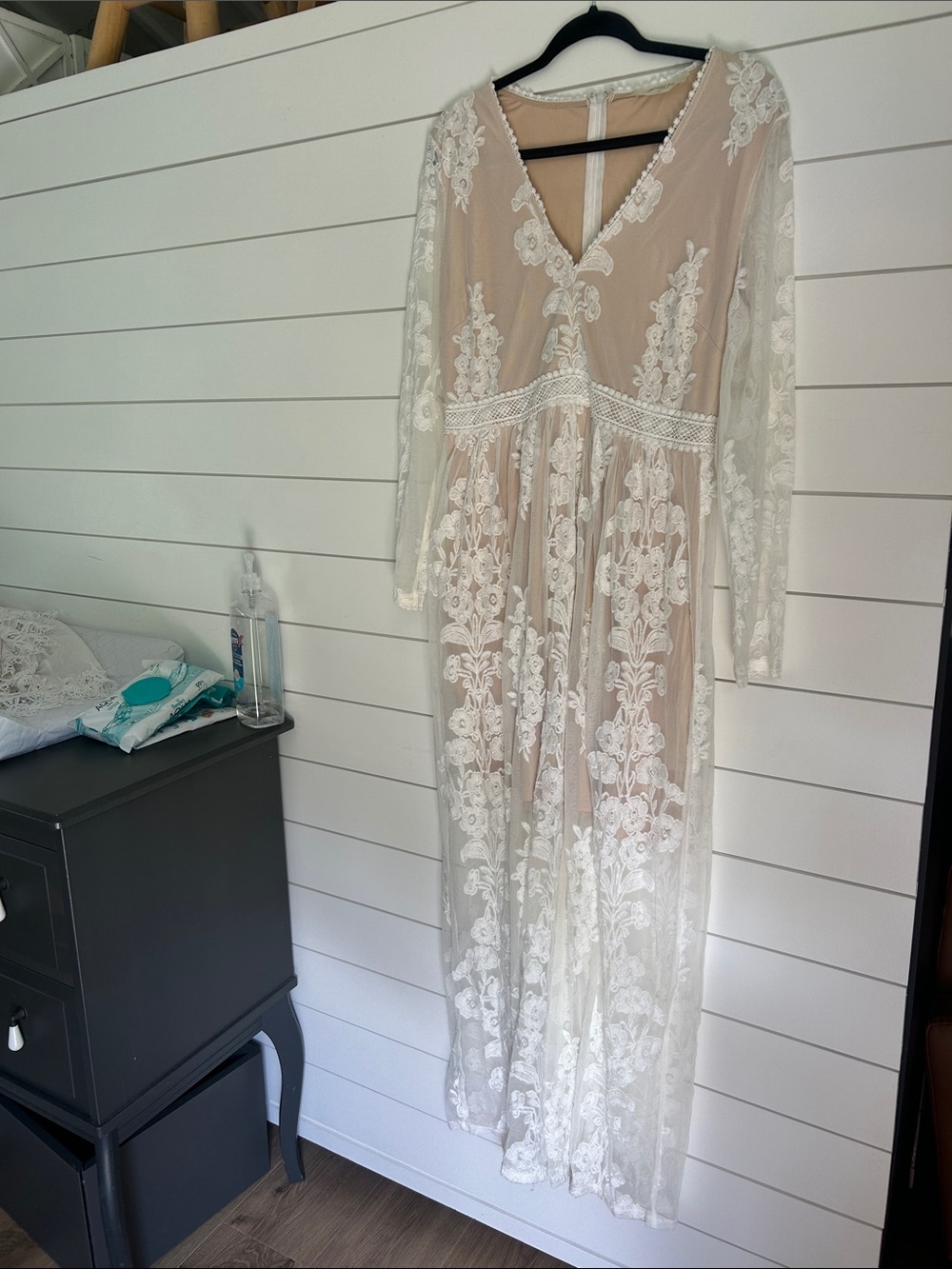 Long Lace Overlay Chemise with Nude Slip - White
